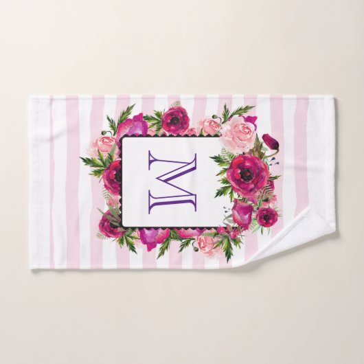 Pink Rose & Poppy Blumenstrauß auf rosa Streifen Badhandtuch Set (Handtuch)