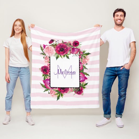 Pink Rose & Poppy Blumenstrauß auf rosa Streifen Fleecedecke (Beispiel)