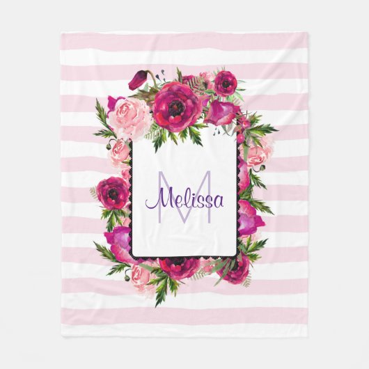 Pink Rose & Poppy Blumenstrauß auf rosa Streifen Fleecedecke (Vorderseite)