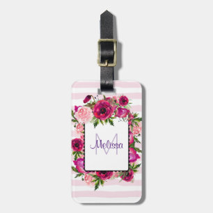 Pink Rose & Poppy Blumenstrauß auf rosa Streifen Gepäckanhänger