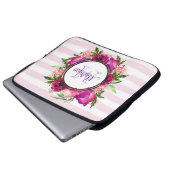 Pink Rose & Poppy Blumenstrauß auf rosa Streifen Laptopschutzhülle (Vorne Knopf)