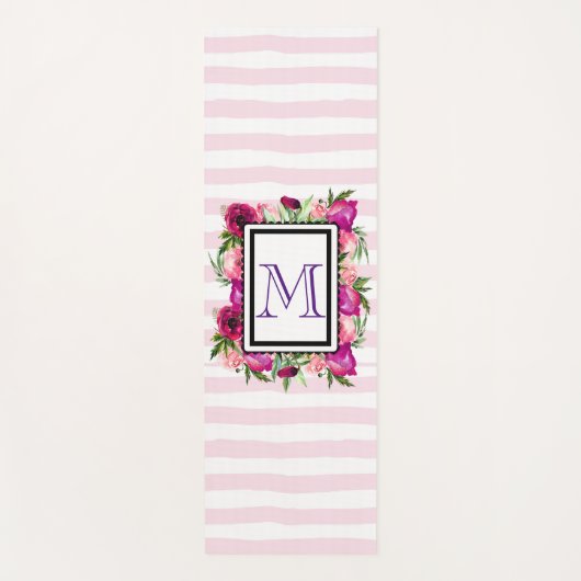 Pink Rose & Poppy Blumenstrauß auf rosa Streifen Yogamatte (Vorderseite)