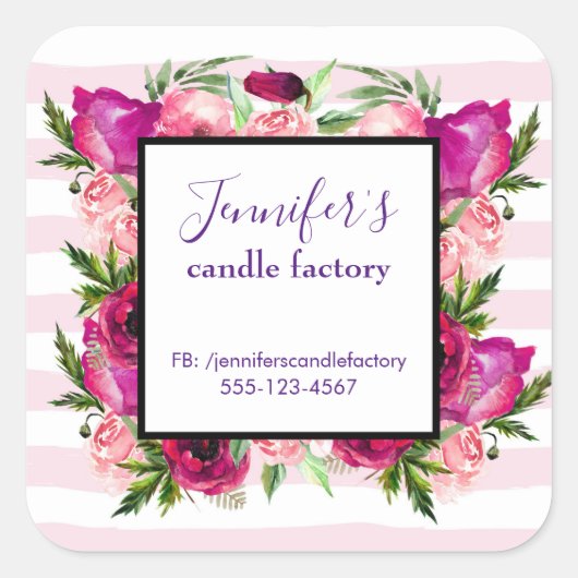 Pink Rose & Poppy Bouquet Business Website Quadratischer Aufkleber (Vorderseite)