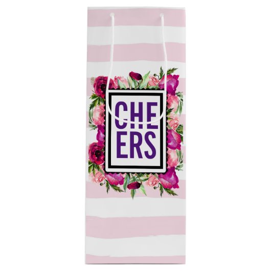 Pink Rose & Poppy Bouquet Cheers Geschenktüte Für Weinflaschen (Vorderseite)
