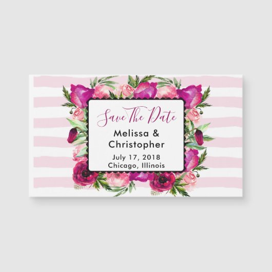 Pink Rose & Poppy Bouquet Hochzeitstag Magnetkarte (Vorderseite)