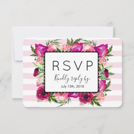 Pink Rose & Poppy Bouquet Wedding RSVP Karte (Vorderseite)