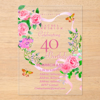 Pink Rose Ribbon 40th Birthday Invitation Acryleinladungen