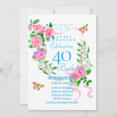 Pink Rose Ribbon 40th  Birthday Invitation Einladung (Vorderseite)
