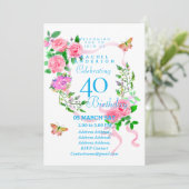 Pink Rose Ribbon 40th  Birthday Invitation Einladung (Stehend Vorderseite)
