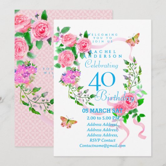 Pink Rose Ribbon 40th  Birthday Invitation Einladung (Vorne/Hinten)
