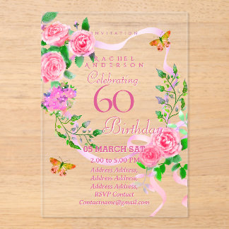 Pink Rose Ribbon 60th Birthday Invitation Acryleinladungen