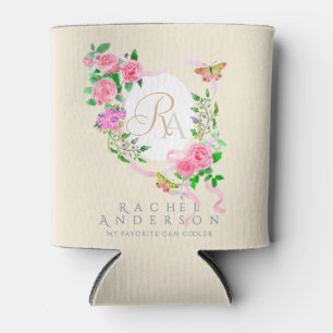Pink Rose Ribbon Chic Monogram Beige Dosenkühler