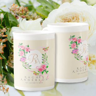 Pink Rose Ribbon Chic Monogram Beige Porzellantasse