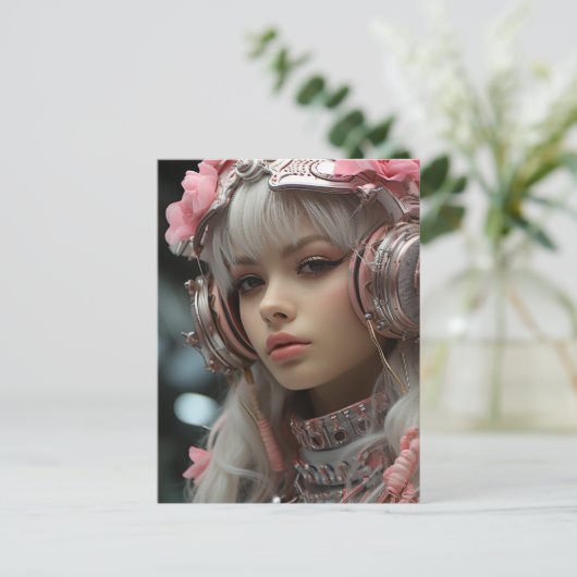 Pink Rose Sci Fi Steampunk Girl Postkarte (Stehend Vorderseite)