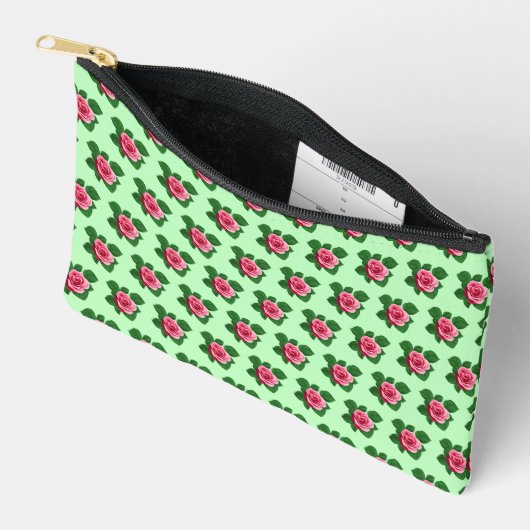 Pink Rose Seamless Pattern on Light Green Pouch Zubehörtasche (Offen)