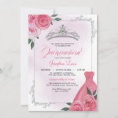 Pink Rose Silver & White Floral Tiara Quinceañera Einladung (Vorderseite)