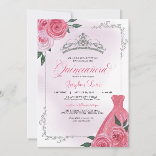 Pink Rose Silver & White Floral Tiara Quinceañera Einladung (Vorderseite)