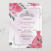 Pink Rose Silver & White Floral Tiara Quinceañera Einladung (Vorne/Hinten)