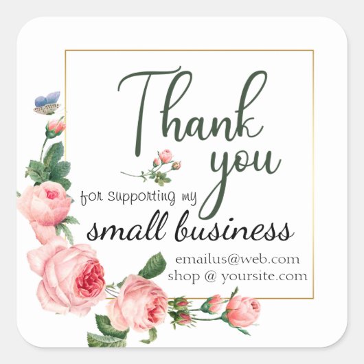 Pink Rose Small Business Vielen Dank Logo angepass Quadratischer Aufkleber (Vorderseite)
