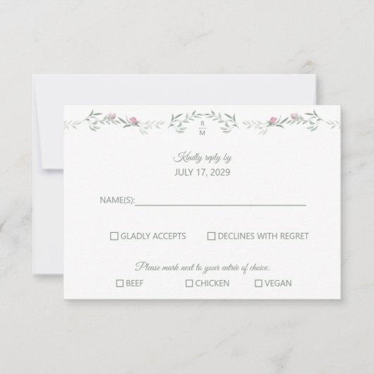Pink Rose Vine and Monogram RSVP Response Card Karte (Vorderseite)