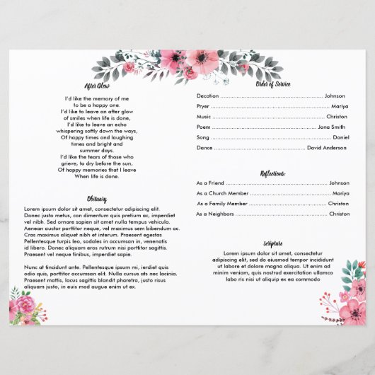 PINK ROSE | Vorlage des Beerdigungsprogramms (Rückseite)