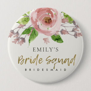 PINK ROSE WATERCOLOR FLORAL BRIDE SQUAD BRIDESMAD BUTTON