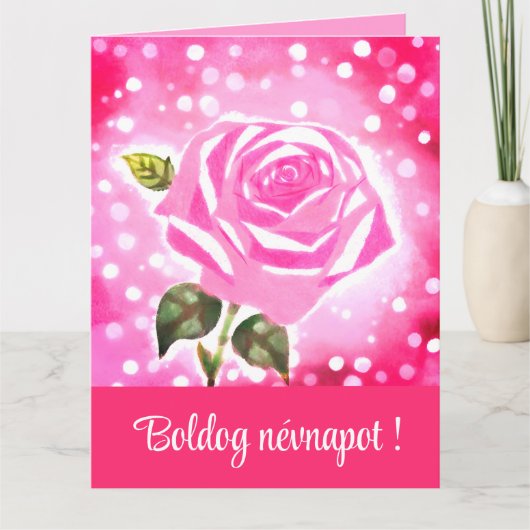 Pink rose watercolor - Hungarian name day Karte (Vorderseite)