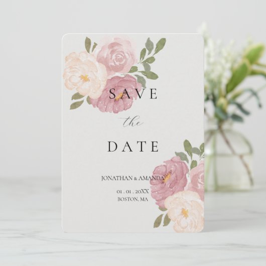 Pink Rose Wedding Save The Date (Stehend Vorderseite)