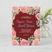 Pink Rose Wedding Theme Einladung (Stehend Vorderseite)