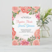 Pink Rose Wedding Theme Einladung (Stehend Vorderseite)