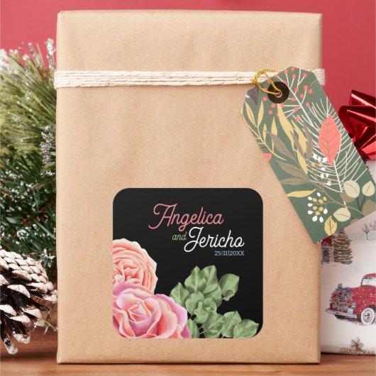 Pink Rose Wedding Theme Quadratischer Aufkleber (Feiertag)