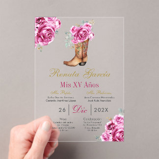 Pink rose with boot Quinceañera Invitation Acryleinladungen