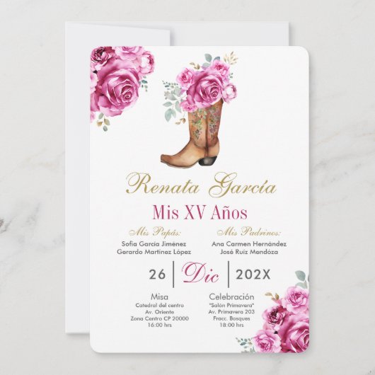 Pink rose with boot Quinceañera Invitation Einladung (Vorderseite)