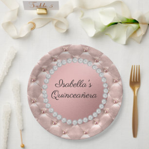 Pink Roségold Weiße Perlen Quinceañera Foto Pappteller