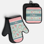 Pink-Rosen-Shabby Chic nach Maß auf weißen Polka-P Ofenhandschuh & Topflappen-Set