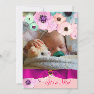 PINK ROSEN UND BLAUES BAND FOTOVORLAGE MONOGRAMM EINLADUNG