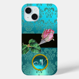 PINK ROSENKNOSPE JEWEL, BLUE AQUAMARIN DAMASK GEM  iPhone 15 HÜLLE