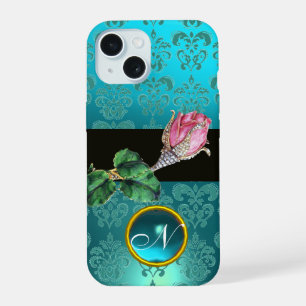 PINK ROSENKNOSPE JEWEL, BLUE AQUAMARIN DAMASK GEM  iPhone 15 HÜLLE