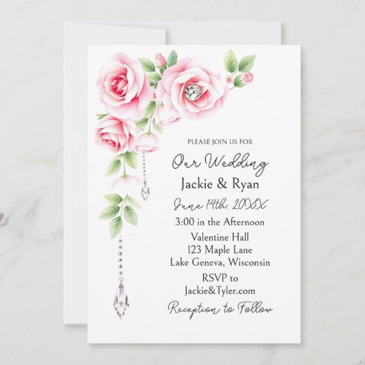 Pink Roses and Diamonds Floral Wedding Einladung (Vorderseite)