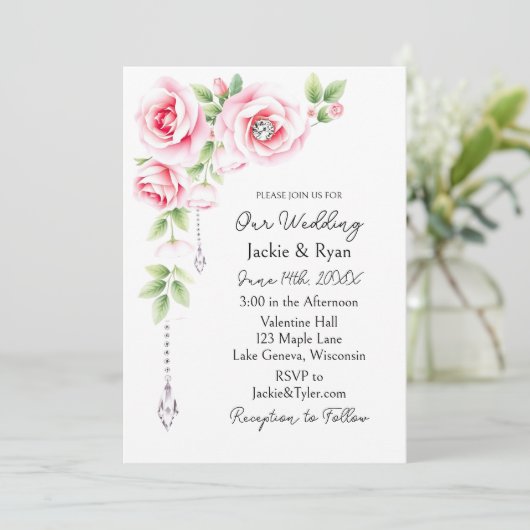 Pink Roses and Diamonds Floral Wedding Einladung (Stehend Vorderseite)