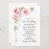 Pink Roses and Diamonds Floral Wedding Einladung (Vorne/Hinten)