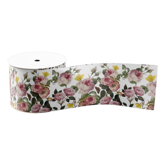 PINK ROSES AND YELLOW BUTTERFLIES White Floral Ripsband (Spule)