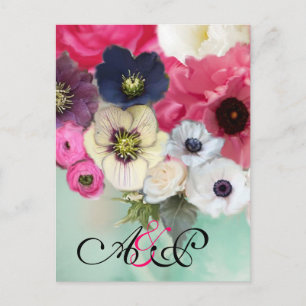 PINK ROSES,ANEMONE BLUME MONOGRAMM Save the Date Ankündigungspostkarte