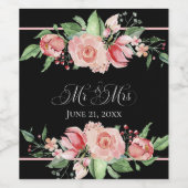 Pink Roses auf Black Floral Mr & Mrs. Wedding Weinetikett (Einzelnes Label)