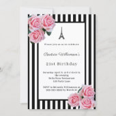 Pink roses black white stripes Paris Birthday Einladung (Vorderseite)