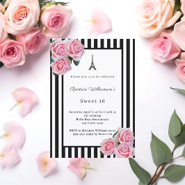 Pink roses black white stripes Paris Sweet 16 Einladung