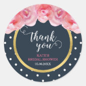 Pink Roses Blue White Polka Dots Vielen Dank Runder Aufkleber (Vorderseite)