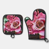 PINK ROSES BLUME OFENHANDSCHUH & Topflappen-Set (Vorderseite)