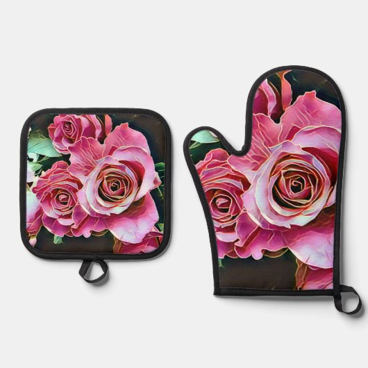 PINK ROSES BLUME OFENHANDSCHUH & Topflappen-Set (Vorderseite)