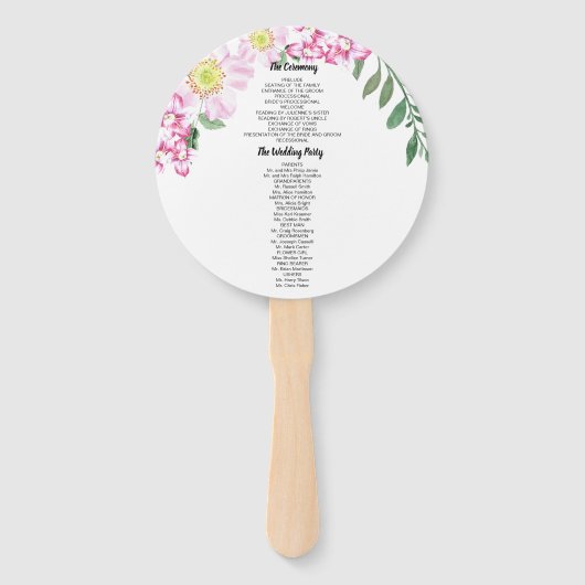 Pink Roses Boho Blumenwasser Hochzeitsprogramm Fächer (Rückseite)